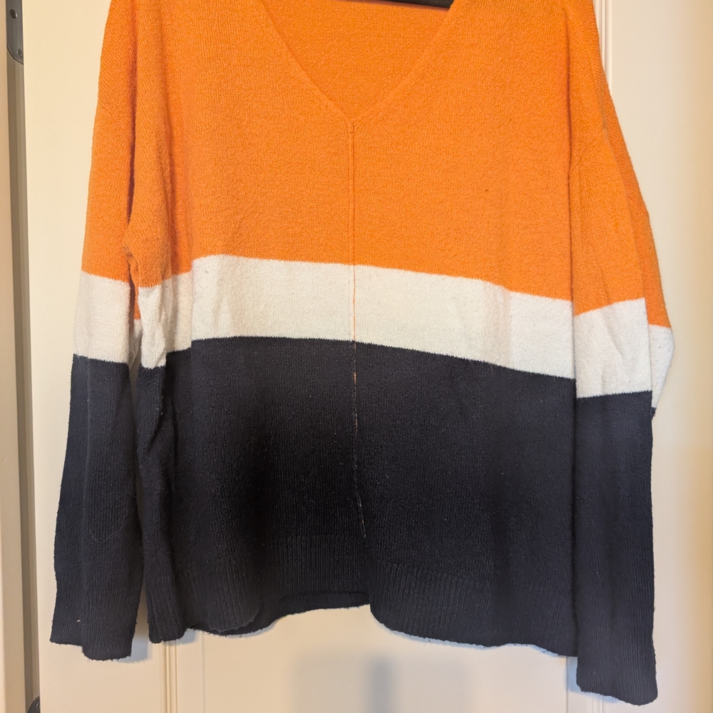 Claiborne V-Neck Sweater Orange and White Colorblock